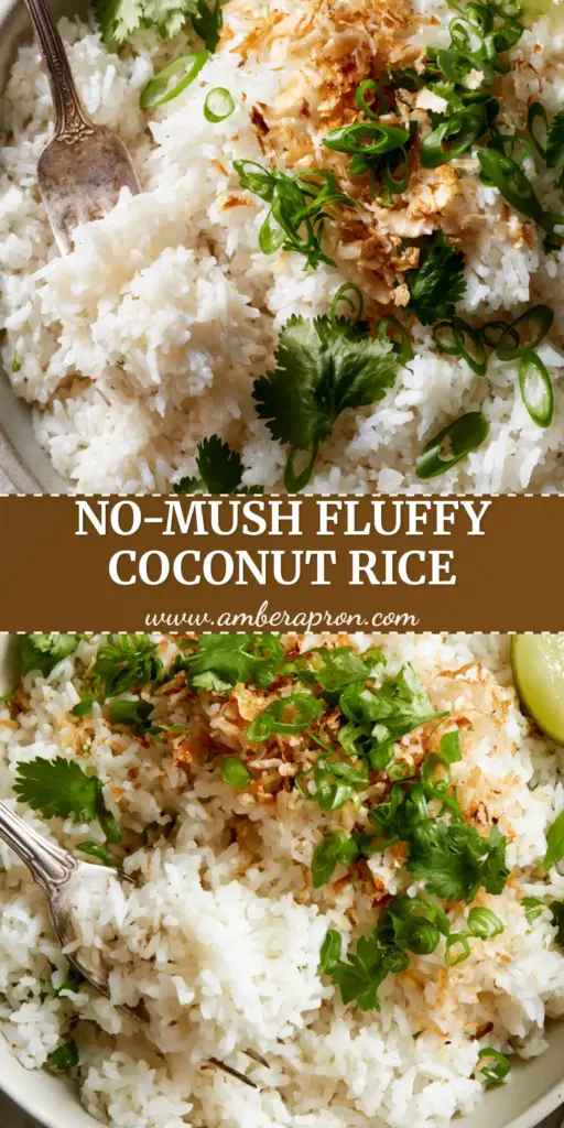 A silver fork lifting a cluster of ultra-fluffy Coconut Rice topped with toasted coconut and scallions in a matte ceramic bowl. (Coconut Rice recipe)