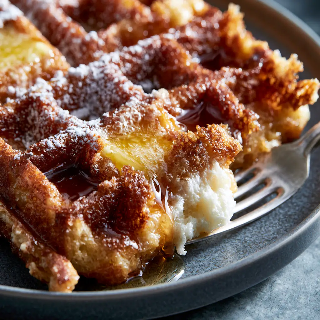 A silver fork pressing into golden butter waffles, revealing a steaming snow-white interior.
