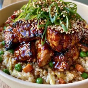 Extreme macro close-up of Japanese BBQ Chicken Fried Rice showing charred mahogany chicken and golden rice grains. (Japanese BBQ Chicken Fried Rice)
