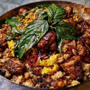 Macro eye-level shot of Thai basil chicken fried rice with glistening soy glaze, scrambled egg ribbons, and red chilies.