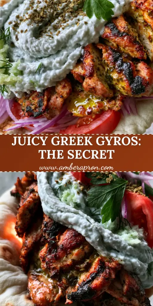 A close-up of a hand holding a Greek chicken gyro filled with seared meat, thick tzatziki, and fresh vegetables. (chicken gyro recipe)