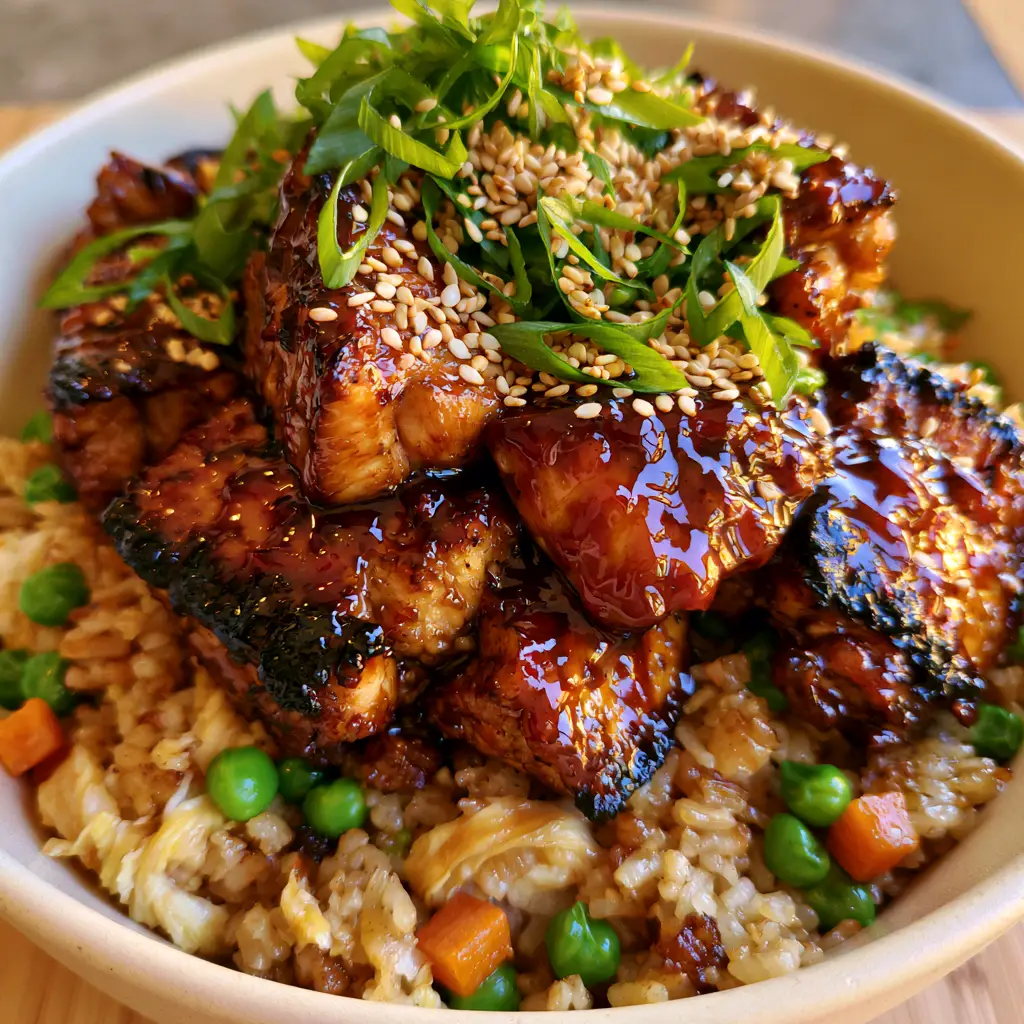 Wide shot of Japanese BBQ Chicken Fried Rice in a ceramic bowl with bright green scallions and white sesame seeds. (Japanese BBQ Chicken Fried Rice)