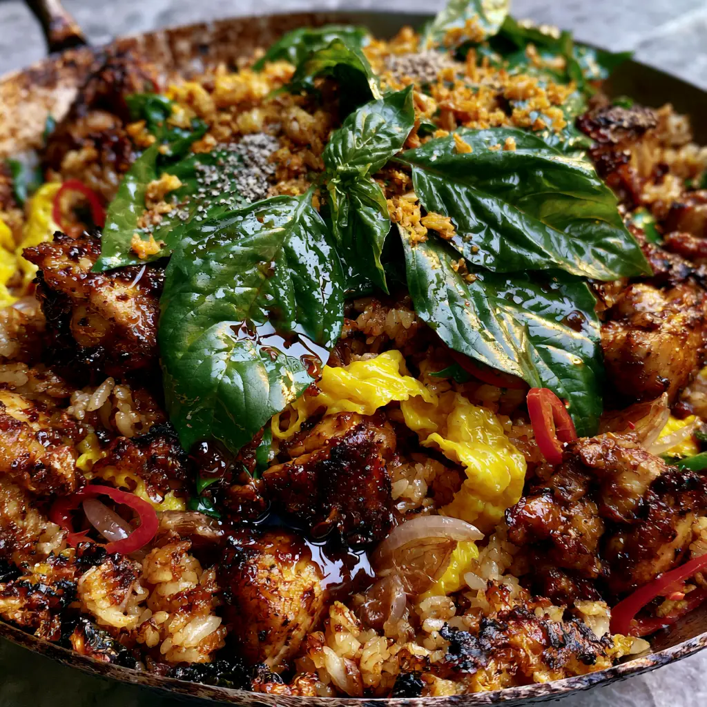 Sautéed shallots and bird's eye chilies mixed into golden-brown jasmine rice with wilted Thai basil leaves.