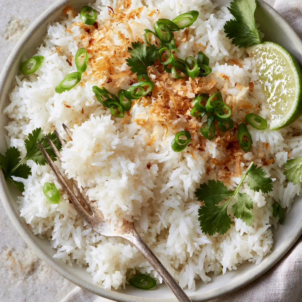 Macro shot of toasted golden coconut flakes and fresh cilantro on top of fluffy jasmine rice grains.