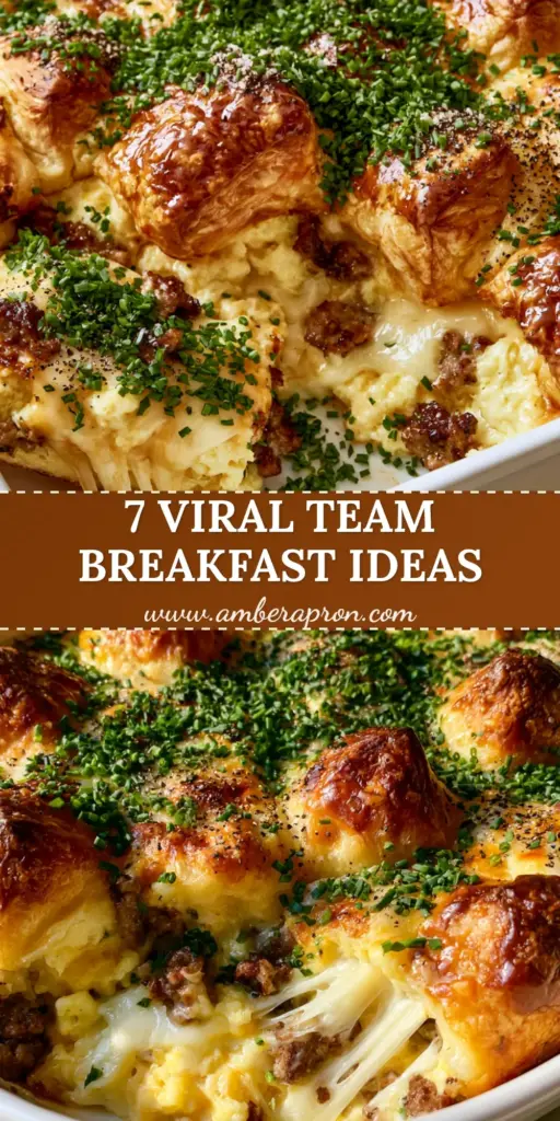 A top-down view of a gourmet breakfast crescent roll casserole in a white ceramic dish with golden peaks and fresh chives. (team breakfast recipes)