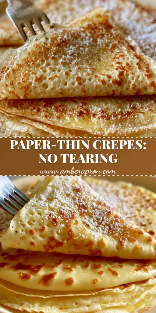 A stack of paper-thin French crepes on a cream ceramic plate with golden-brown leopard spotting and a light dusting of powdered sugar.