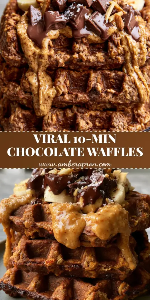 A towering stack of three chocolate almond oat waffles with melting chocolate chunks and a thick almond butter drizzle on a matte plate.