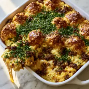 A close-up angled shot of a gourmet breakfast casserole showing glistening golden crescent dough peaks and a heavy chive garnish. (team breakfast recipes)