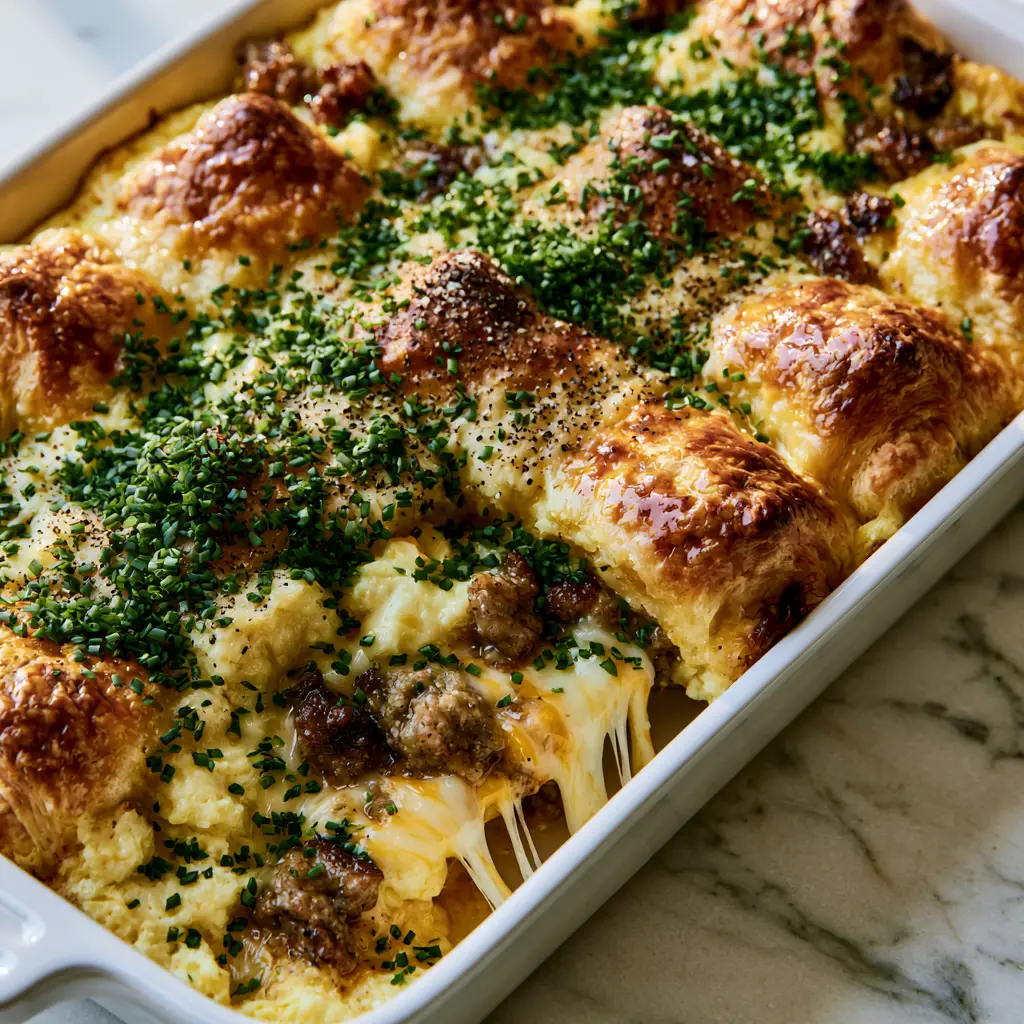 A single slice of breakfast casserole being lifted from a ceramic dish showing long, gooey white cheddar cheese pulls.