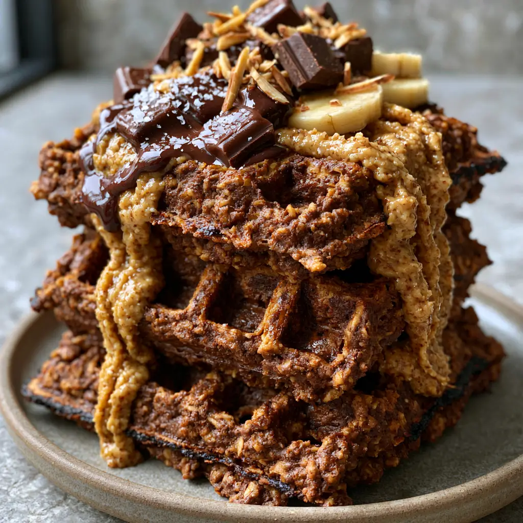 Stack of chocolate almond oat waffles being drizzled with creamy almond butter and topped with banana slices.