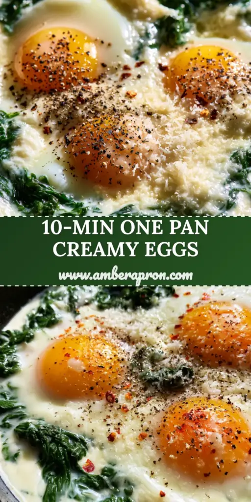 A rustic black cast iron skillet containing creamy spinach and eggs with three poached runny yolks, garnished with red chili flakes and cracked black pepper.