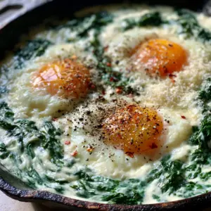 Extreme macro close-up of creamy spinach and eggs showing bubbling white cream sauce and vibrant emerald wilted baby spinach.