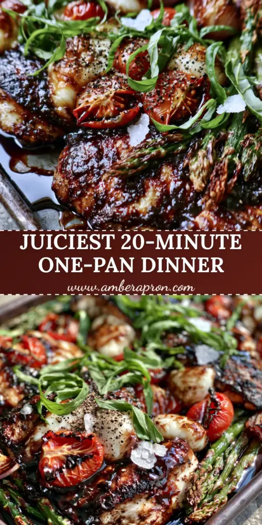 A rustic dark metal sheet pan featuring seared Balsamic Chicken with melted mozzarella pearls, blistered cherry tomatoes, and asparagus garnished with basil ribbons.