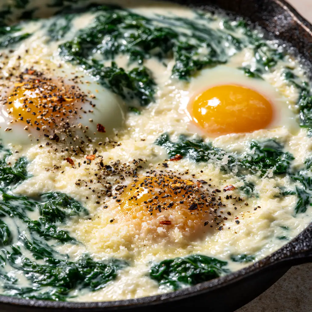 Close-up of a poached egg with a bright golden-orange runny yolk nestled in a creamy spinach sauce in a cast iron skillet.