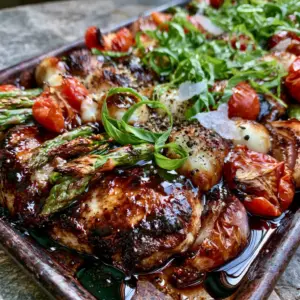 Extreme close-up of deeply browned Balsamic Chicken breasts coated in a dark syrupy glaze with charred cherry tomatoes.