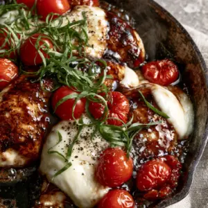 Extreme close-up of glossy balsamic chicken with bubbling dark glaze and melted white mozzarella. (balsamic chicken)