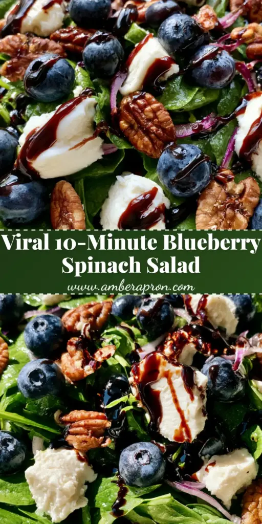 A gourmet blueberry spinach salad with jumbo blueberries, creamy goat cheese chunks, and toasted pecans in a white bowl. (blueberry spinach salad)