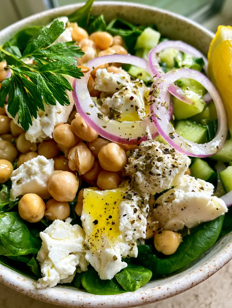 Close-up macro of plump golden chickpeas and jagged creamy feta in a chickpea spinach feta salad.