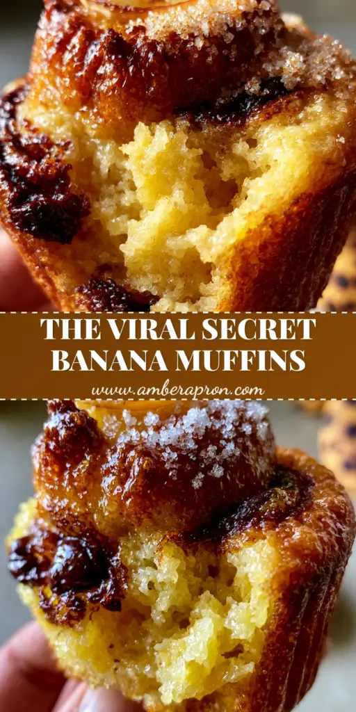 A stack of bakery-style banana muffins featuring high craggy domes, sparkling sanding sugar, and caramelized banana slices on top.
