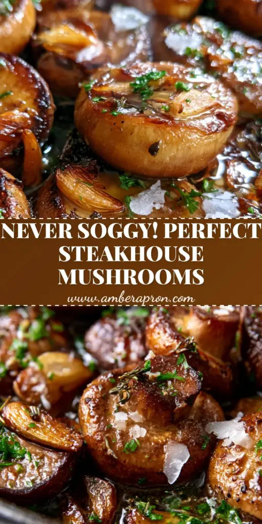 A close-up vertical shot of golden-brown sautéed mushrooms in a cast iron pan with garlic butter and herbs, ideal for sautéed mushroom recipes.