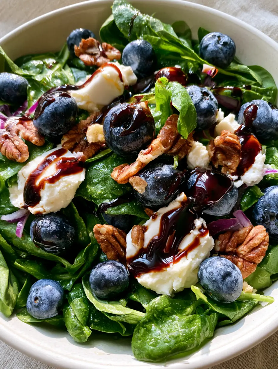 Close-up of jumbo blueberries with dusty bloom and snow-white goat cheese on a blueberry spinach salad.
