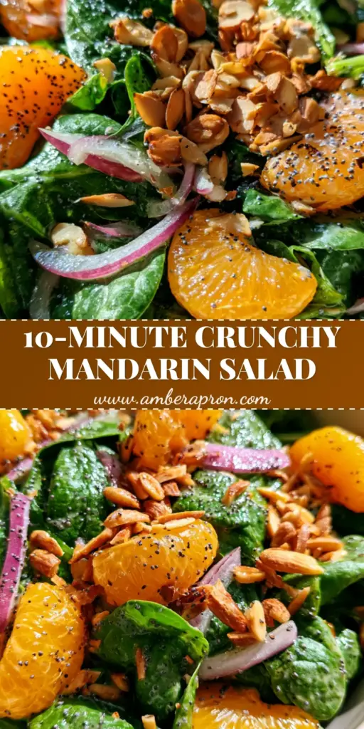 A vibrant spinach mandarin salad in a white ceramic bowl with toasted almonds and poppyseed dressing on a wooden table.