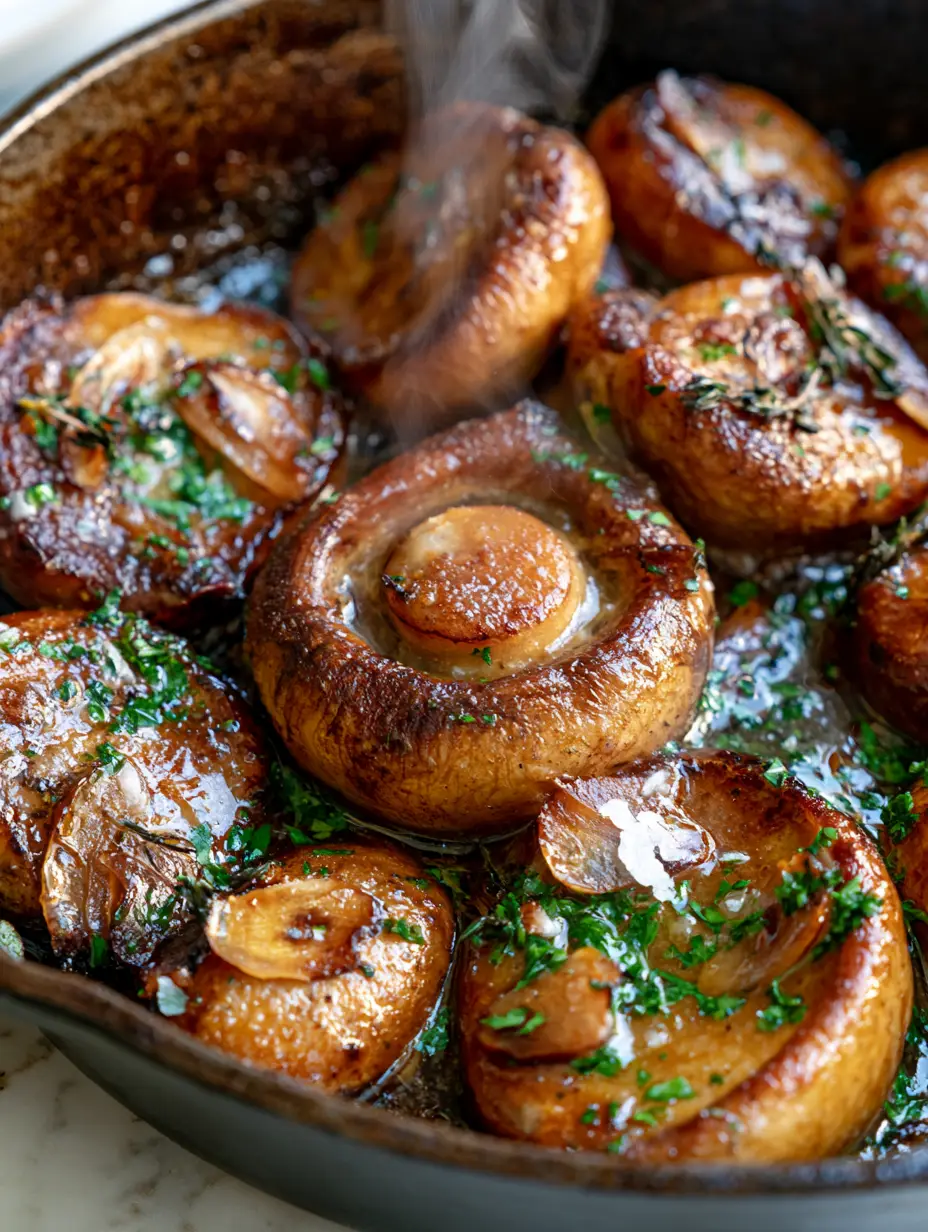 Extreme macro of thick-cut cremini mushrooms with crispy edges and garlic butter in a cast iron skillet. (sautéed mushroom recipes)