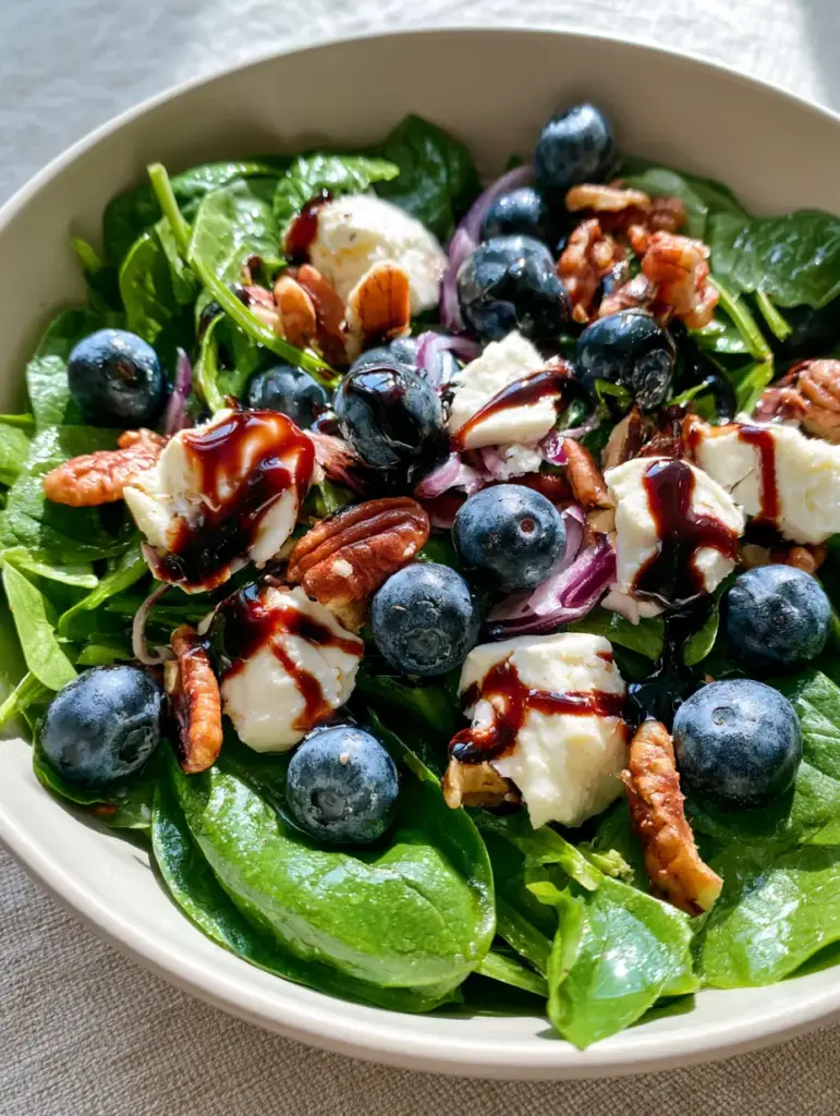 Thick mahogany balsamic vinaigrette drizzled over a fresh blueberry spinach salad bowl.