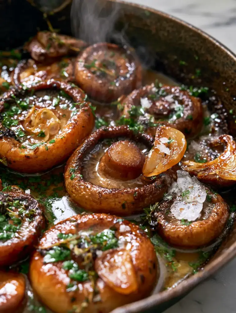 Top-down view of glistening sautéed mushrooms with translucent garlic slivers and fresh green parsley in a dark skillet.