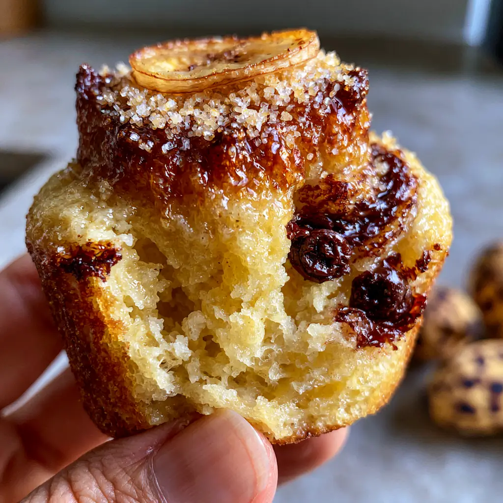 Close up of the top of a banana muffin showing the glistening caramelized banana slice and coarse sanding sugar crystals.