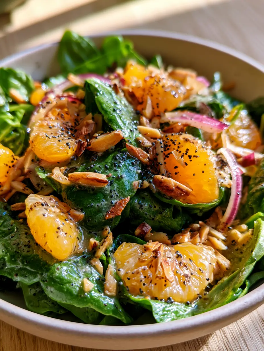 Top-down view of spinach mandarin salad highlighting the juicy orange segments and golden almonds. (spinach mandarin salad)