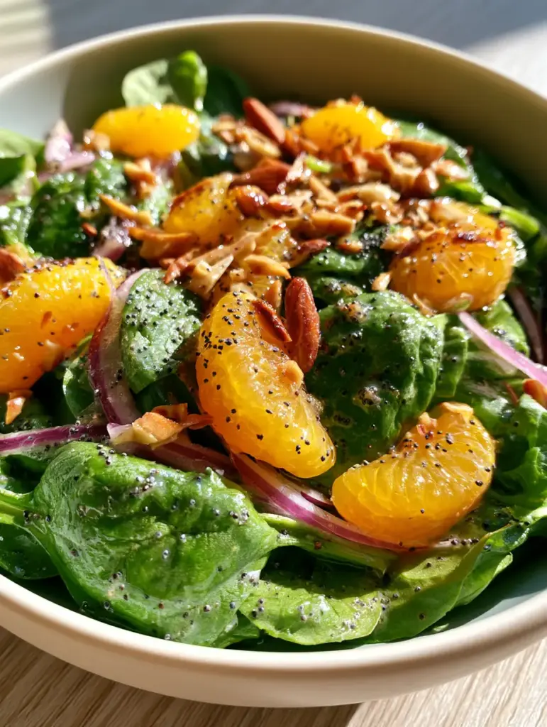 Angled shot of a fresh spinach mandarin salad with glistening poppyseed dressing on a light oak table.