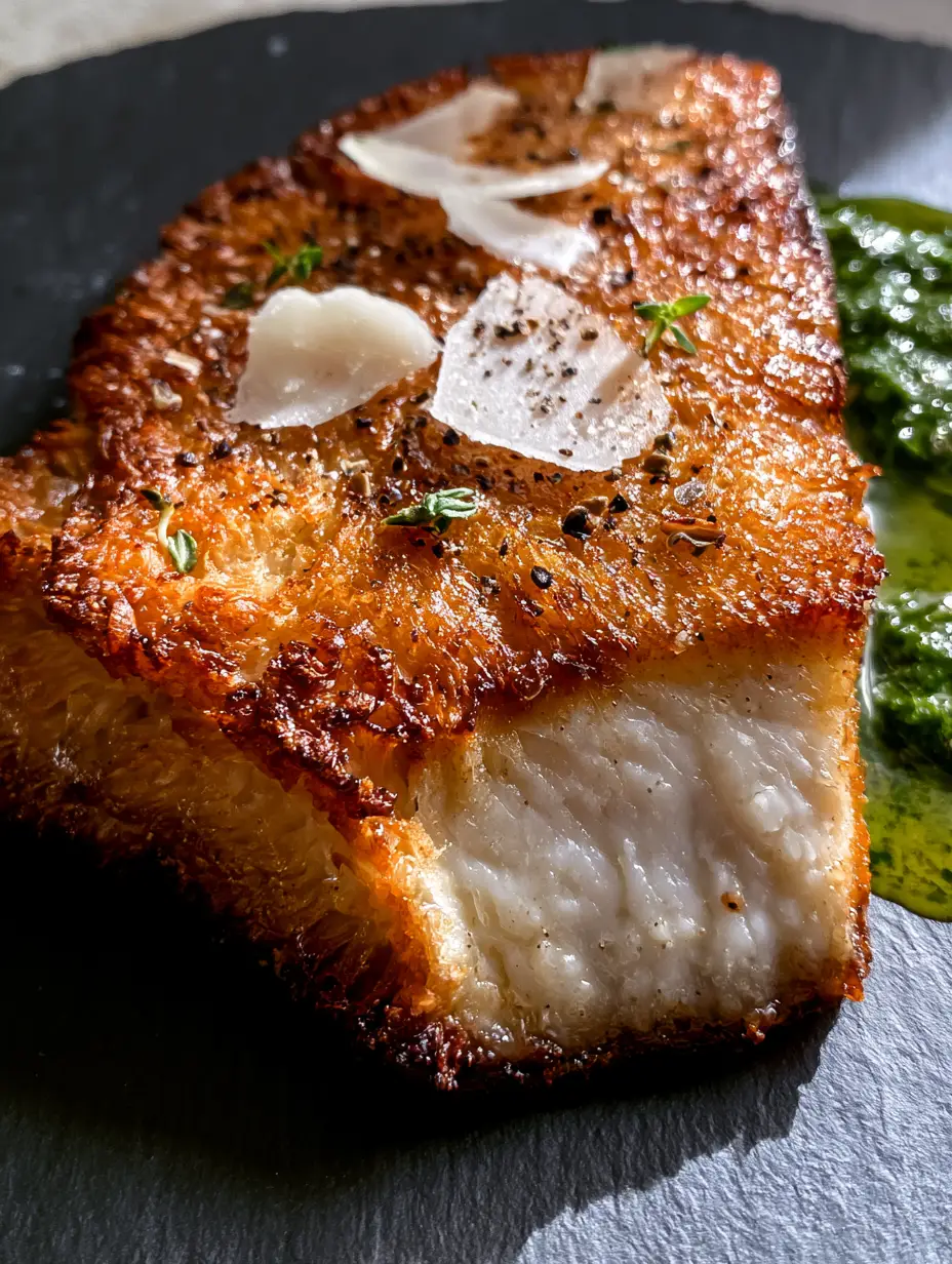 Macro eye-level shot of a sliced Lion's Mane mushroom steak revealing a juicy white fibrous interior. (Healthy Mushroom Recipes)