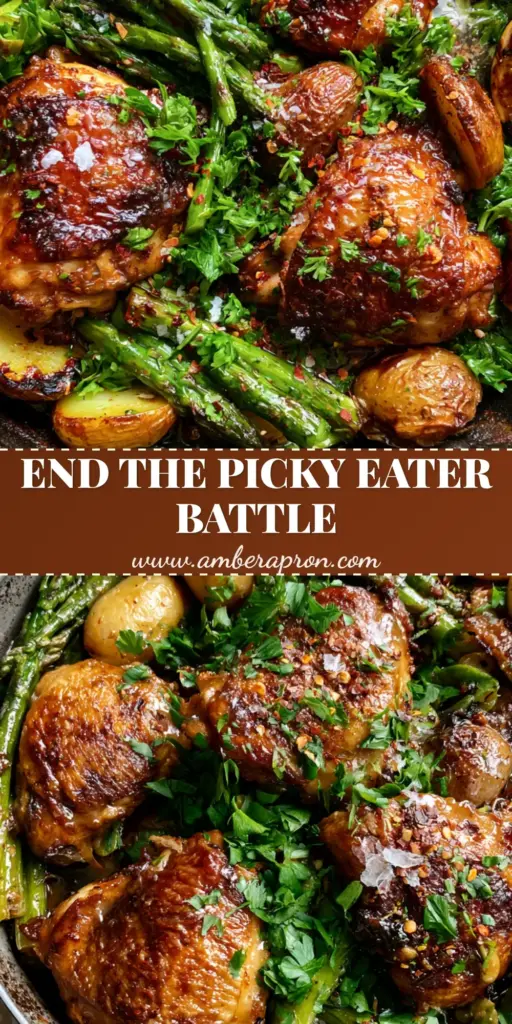 A top-down photo of a cast iron skillet with honey garlic chicken, blistered potatoes, and asparagus. (Paleo family dinner recipes)