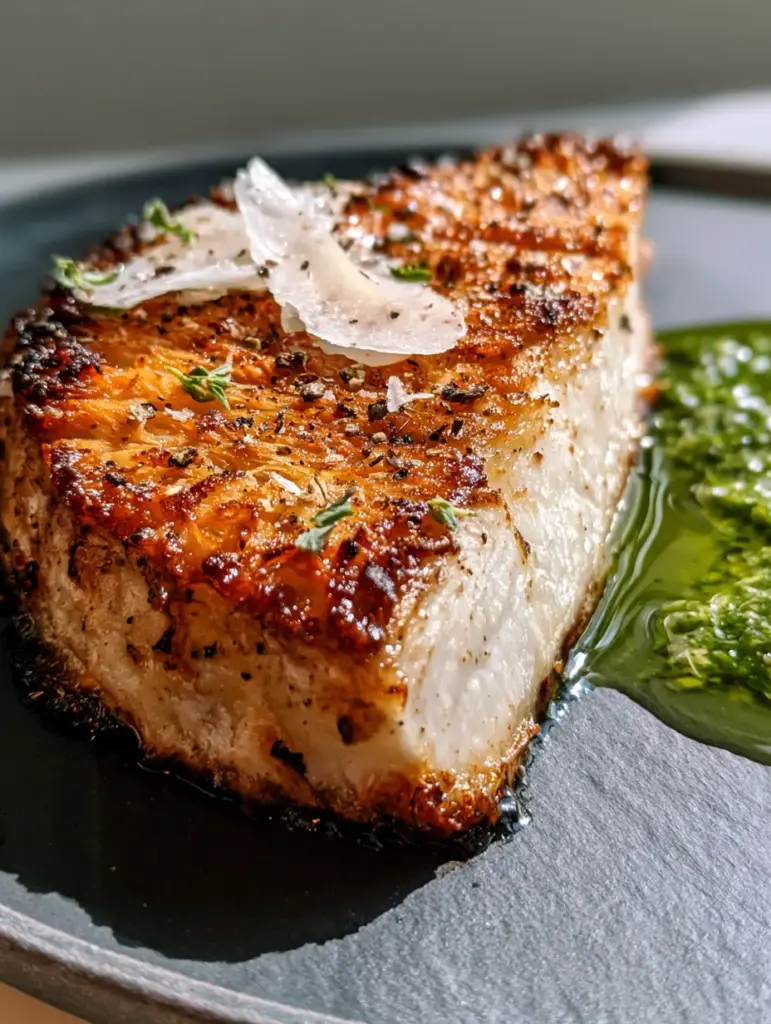 A deep golden-brown craggy mushroom crust on a dark slate plate with micro-thyme and sea salt.