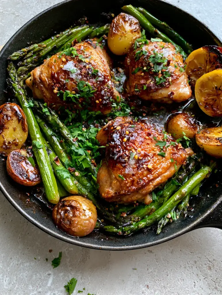 Glossy honey garlic glaze on roasted chicken with charred lemon halves.