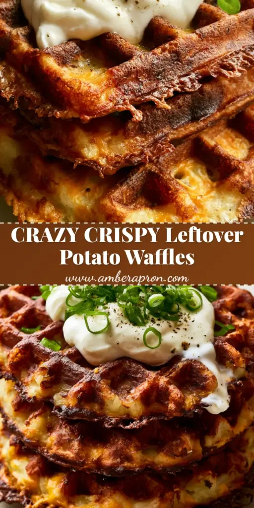 A stack of three ultra-crispy mashed potato waffles with a melted cheddar cheese crust, topped with sour cream and scallions. (potato waffle recipe)