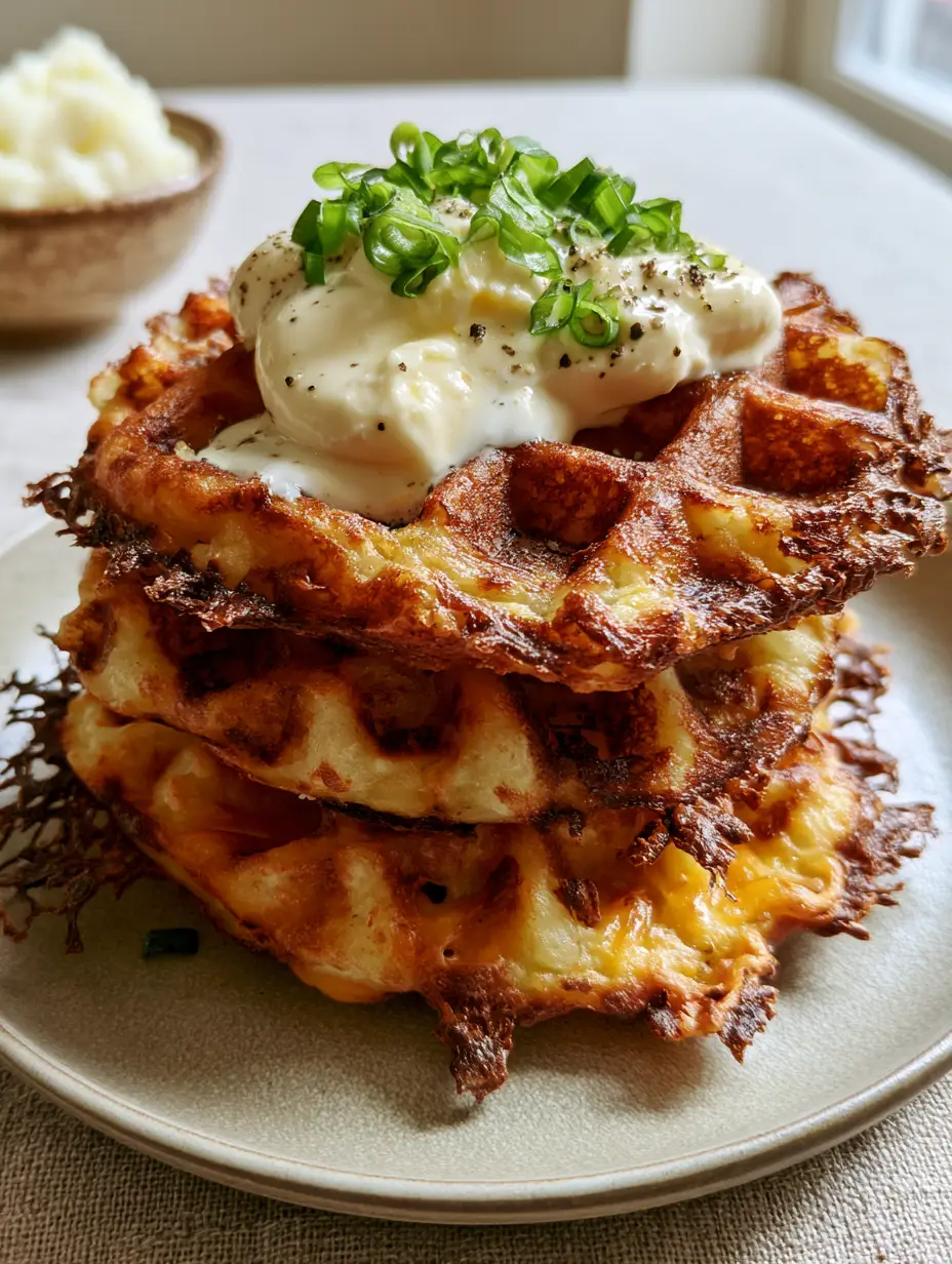 Close-up of golden-brown potato waffle ridges showing flecks of melted sharp cheddar cheese and steam wisps. (potato waffle recipe)