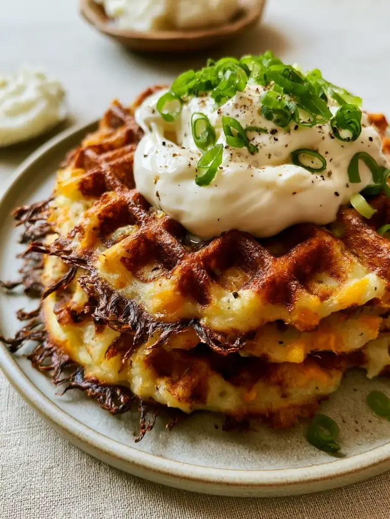 A heavy dollop of sour cream melting into the crevices of a potato waffle sprinkled with scallions and black pepper.