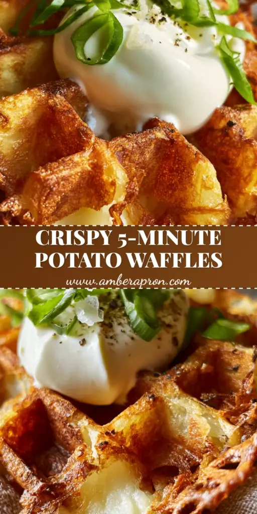 A handheld crispy potato waffle with a thick dollop of sour cream and sliced green scallions. (Potato Waffles)