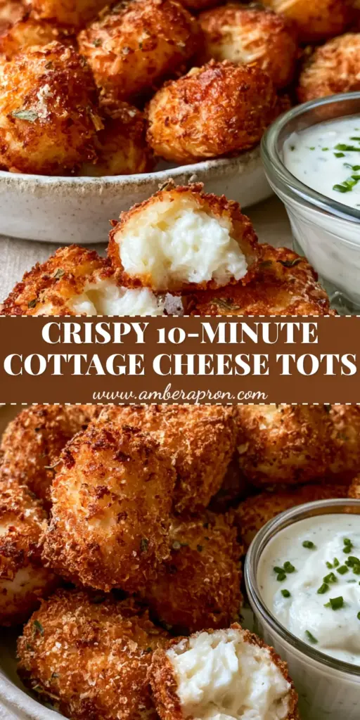 A close up view of golden-brown cottage cheese tots with a steaming creamy center and thick Greek yogurt ranch dip with chives.