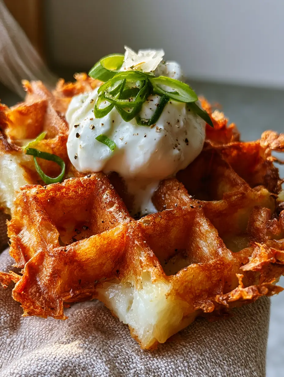 Macro eye-level shot of a golden-brown potato waffle being held in a rustic linen napkin with melting sour cream. (Potato Waffles)