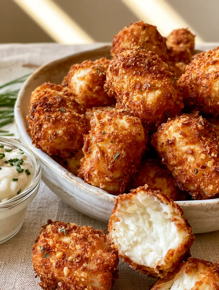 A heap of air-fried cottage cheese tots in a white ceramic bowl with visible parmesan flakes. (cottage cheese tots)
