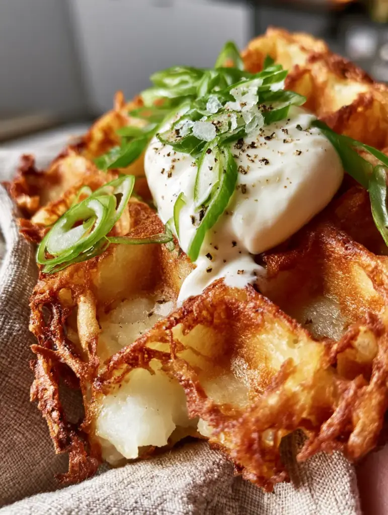 A steaming white potato interior visible where a corner of the waffle is broken off. (Potato Waffles)