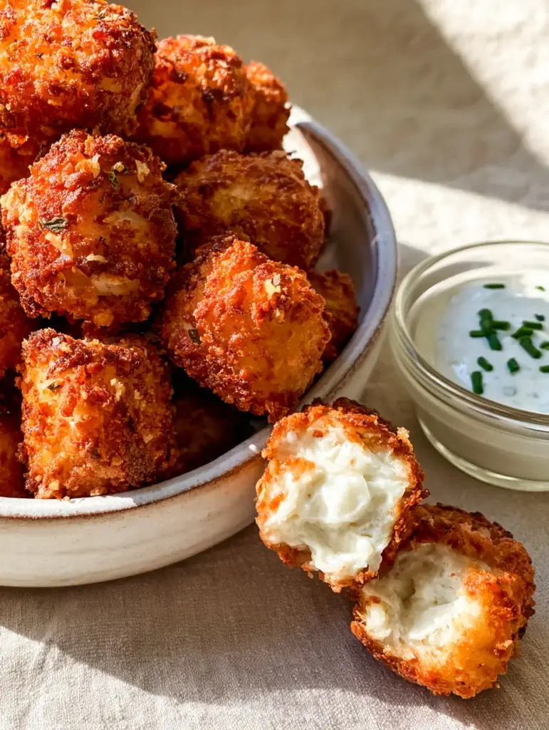 A broken cottage cheese tot revealing a soft, steaming white cheese interior next to ranch dip.