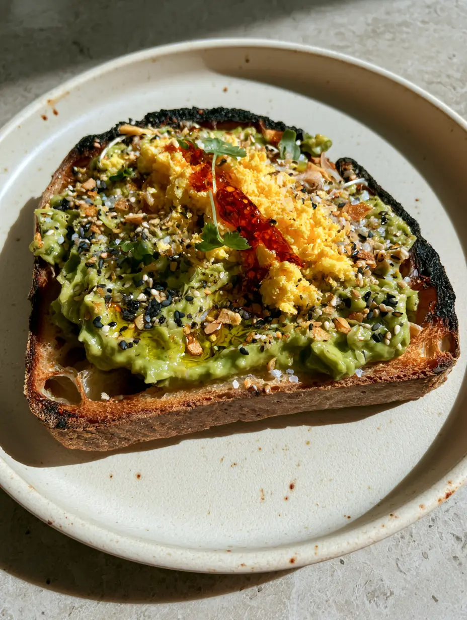 Overhead view of chunky smashed avocado toast with egg snow and sesame seeds on a ceramic plate. (avocado toast with egg)