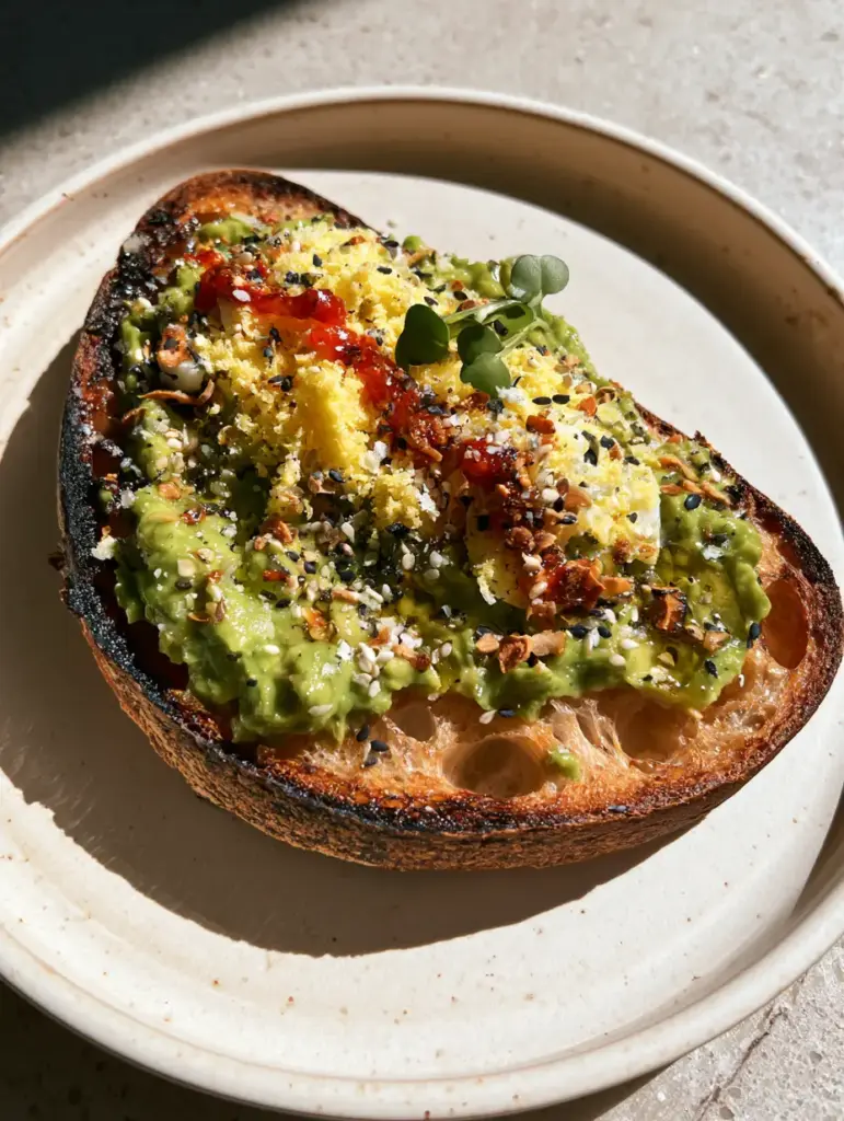 A handheld photo of artisanal sourdough topped with avocado, grated egg, and bold red chili oil streaks.