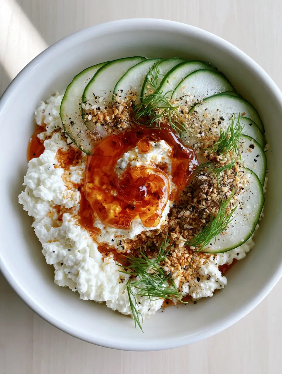 Top-down view of a white bowl with large curd cottage cheese, fanned cucumbers, and red chili oil drizzle. (cottage cheese with cucumbers)