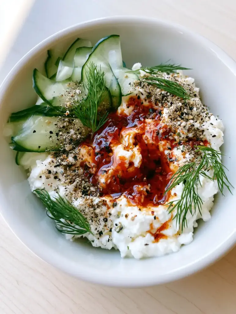 Close-up of Everything Bagel seasoning and fresh dill over cottage cheese with cucumbers.