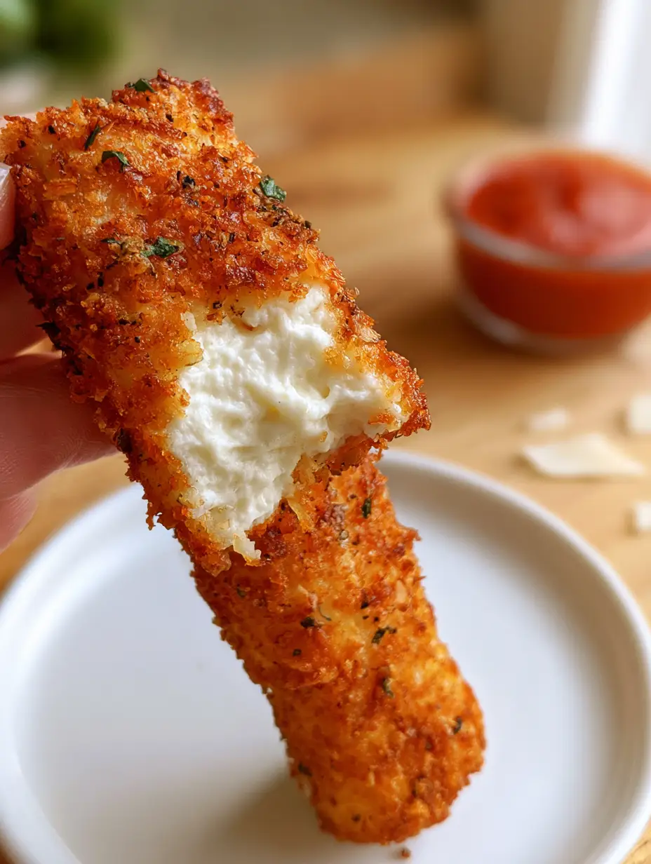 Handheld photo showing a bite taken out of a Cottage Cheese Stick to reveal the smooth white center. (Cottage Cheese Sticks)